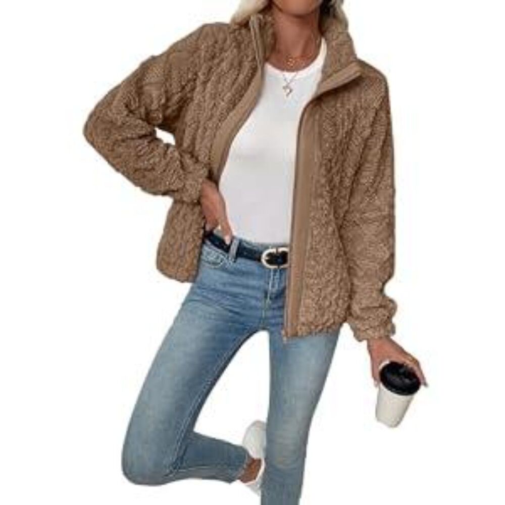Brown Sherpa Zip-Up Cropped Jacket